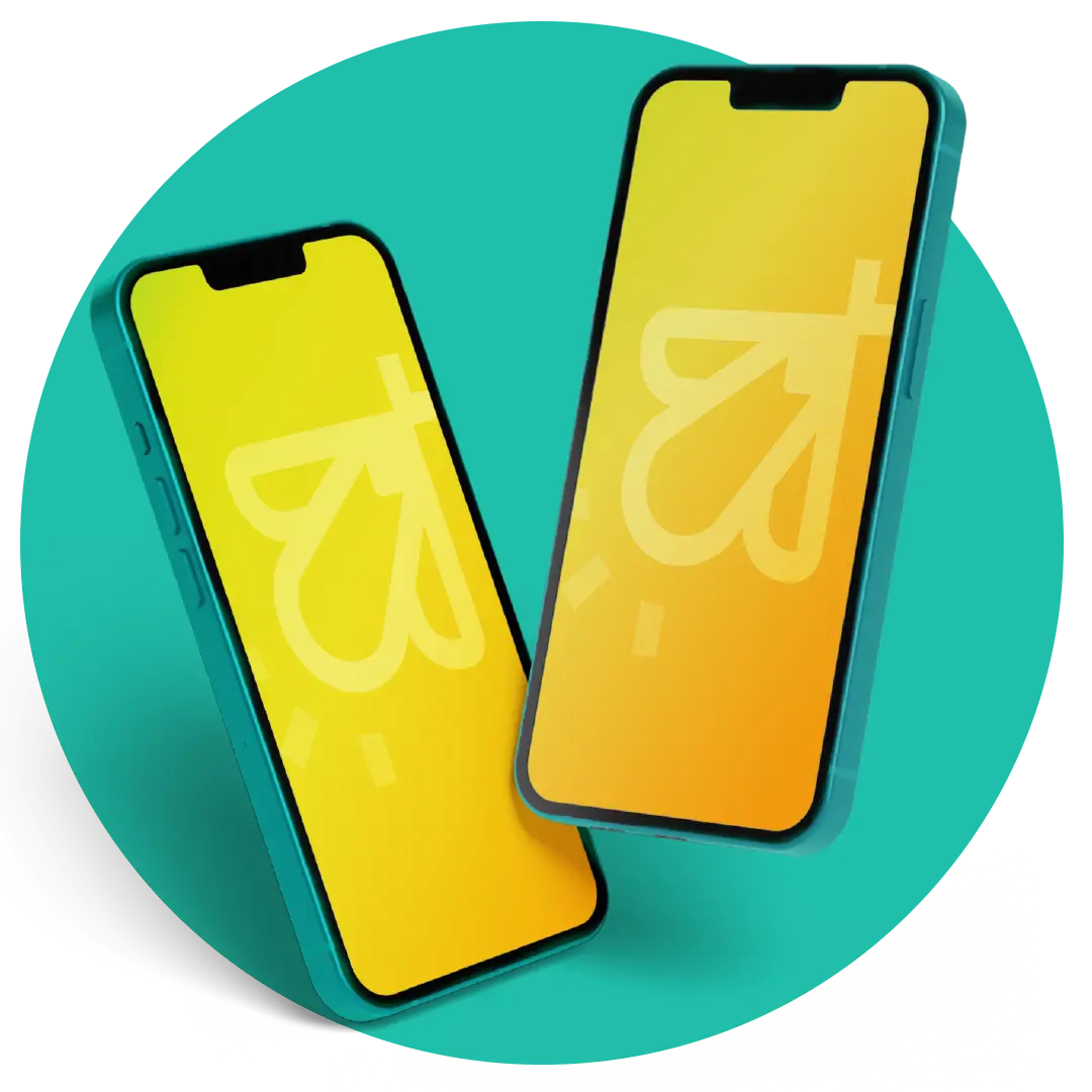 Two teal smartphones side by side on a teal circular background displaying a yellow screen with the Trilight Mobile brand mark.