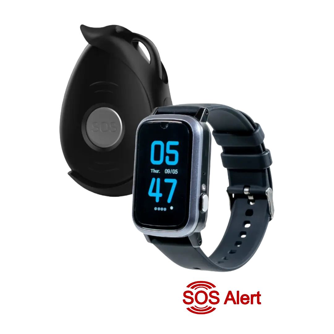 Black smartwatch and SOS emergency alert button device displayed on a black background, with an SOS Alert logo beneath.