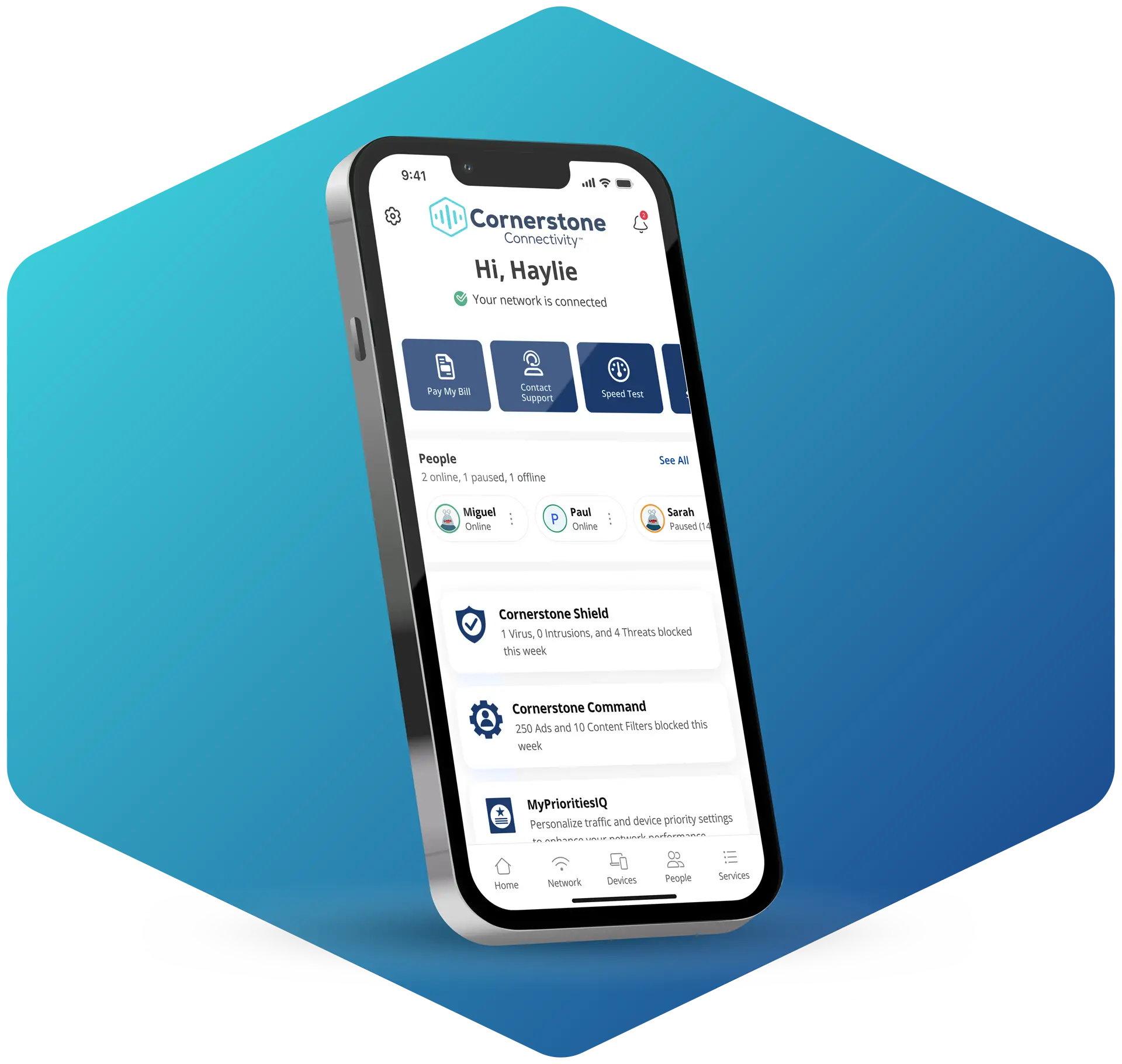 Smartphone displaying the Cornerstone Connectivity app dashboard with network management, security, support, and connected device features on a blue gradient background.