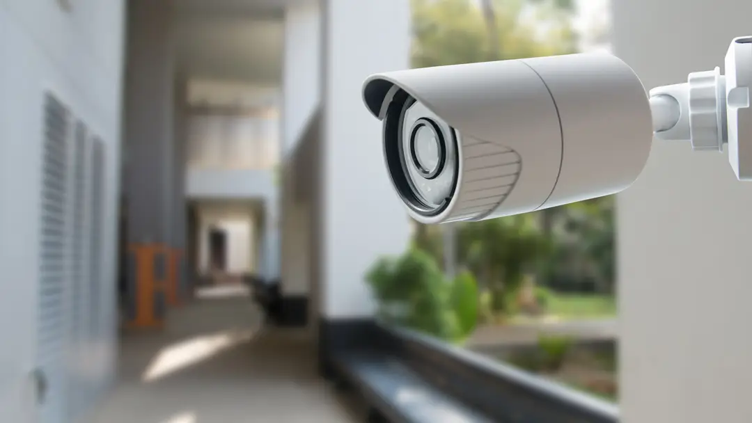 A close-up of a white security camera mounted on a wall, with a blurred outdoor hallway and greenery in the background.